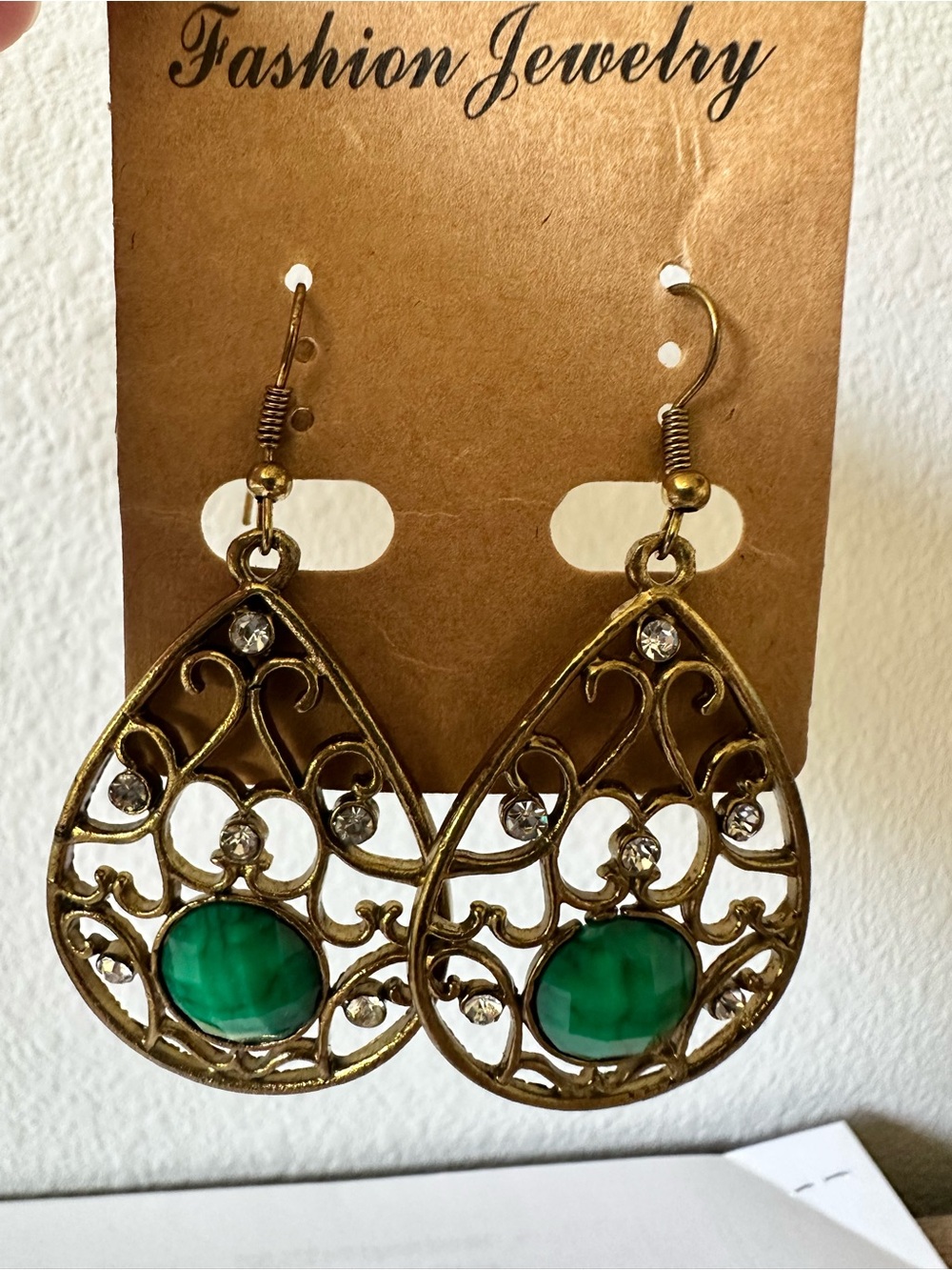 Fashion Jewelry Gold Filigree Earrings with Green Stones new 2.5” long